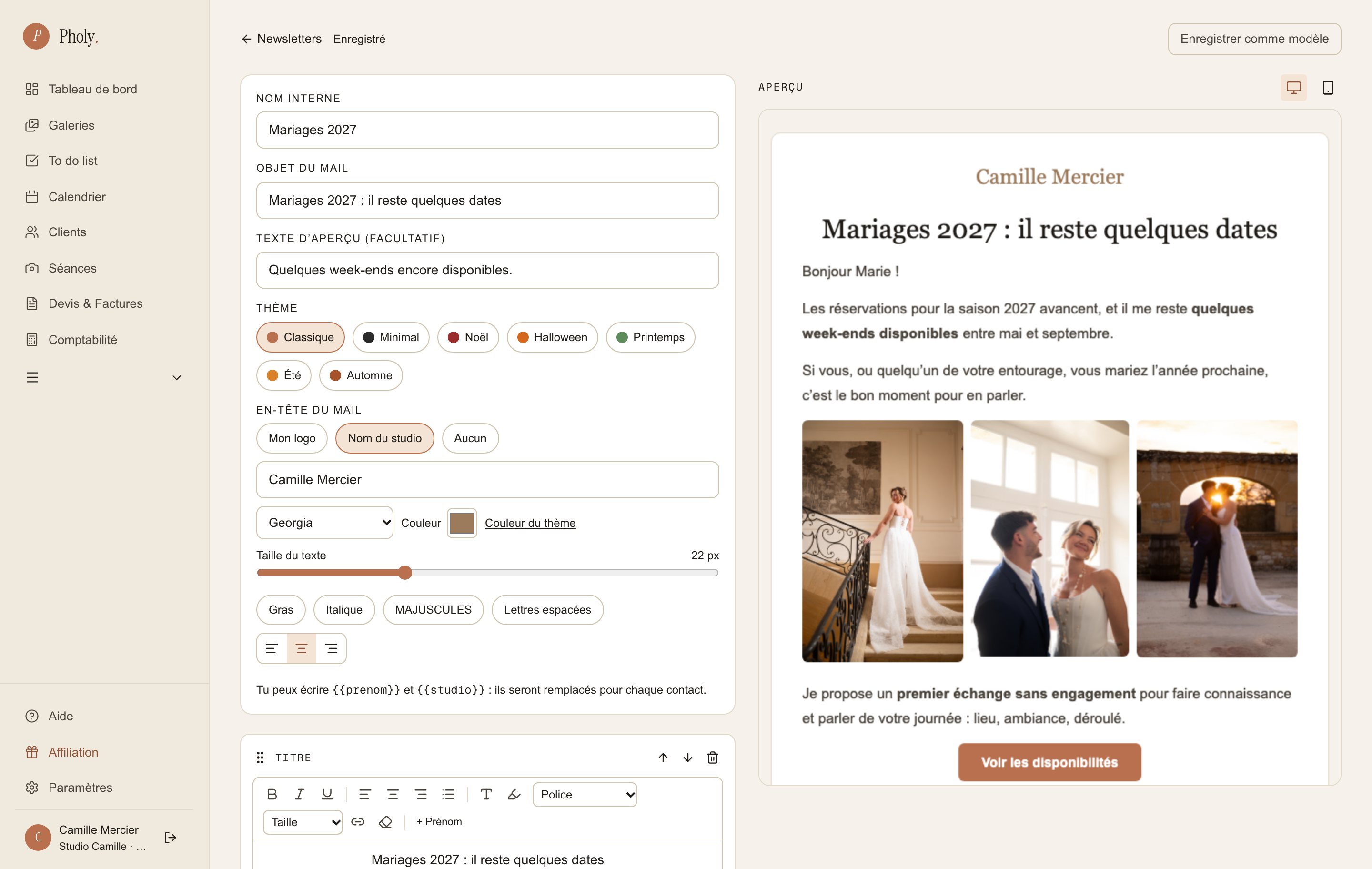 Emailing dans Pholy